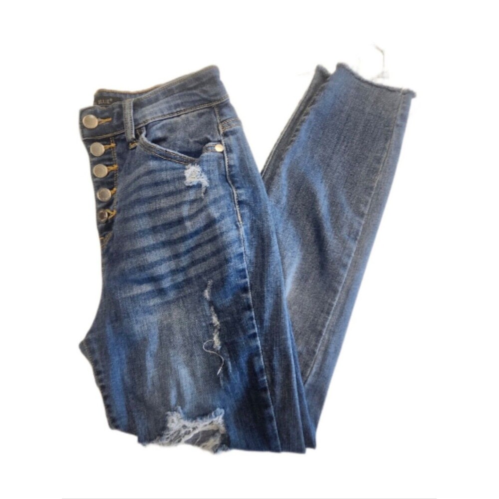 Judy Blue JB82171LT Medoum Blue Bitton Fly Distressed Skinny Jeans, 7/28